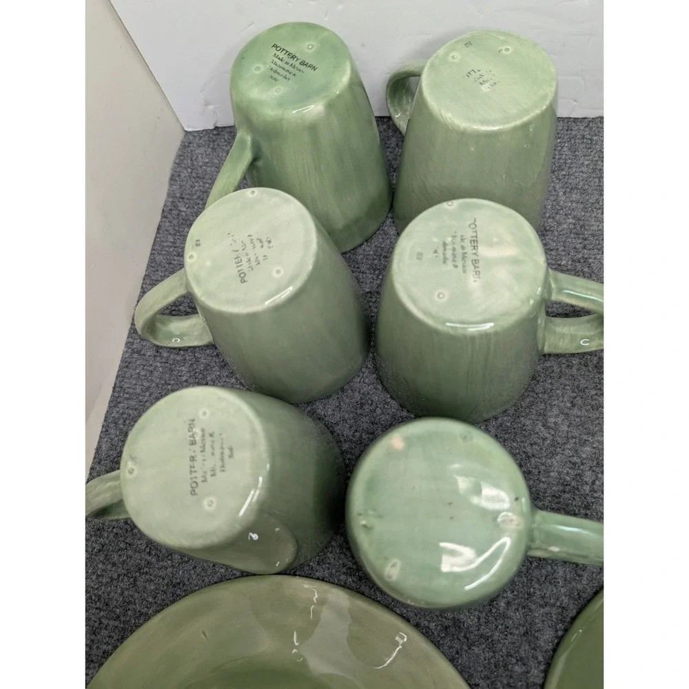 Lot Of Pottery Barn Sausalito Green Sage Cups‎ - 6 & Wide Rim Bowls - 4 READ